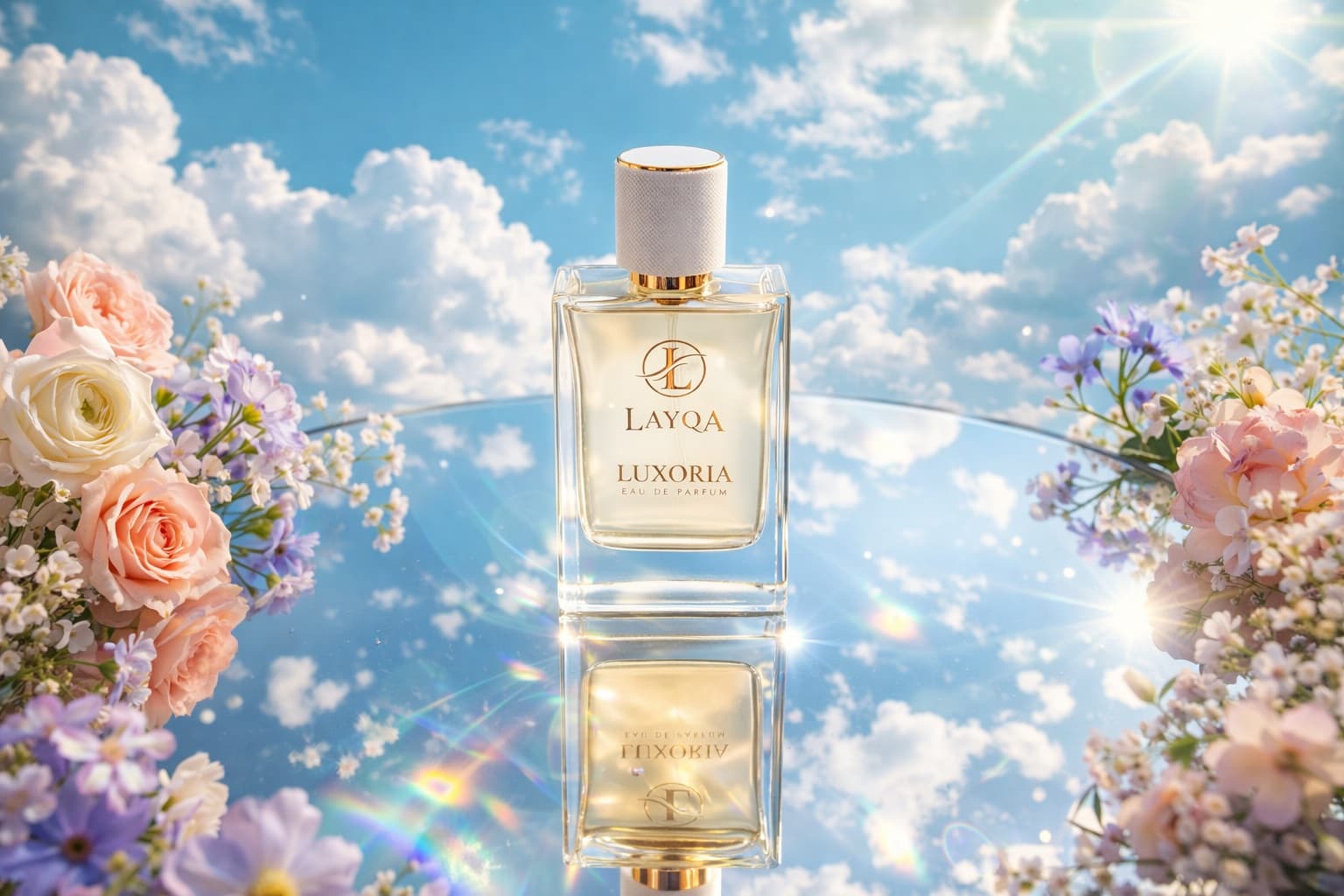 Perfume bottle with reflective surface and warm tones.